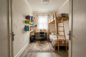 Petite chambre d'enfant de moins de 9m2 optimisée avec lit mezzanine et bureau intégré pour garde alternée