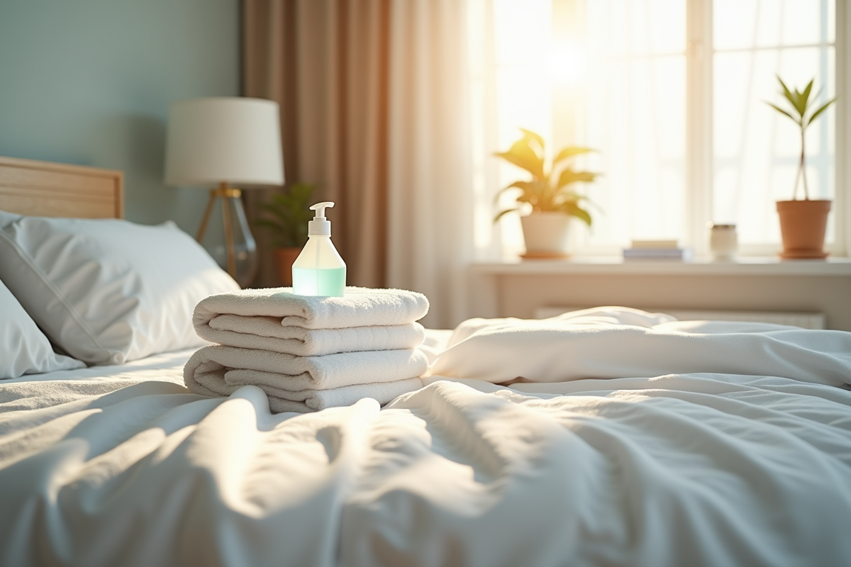 Chambre propre avec linge et serviettes rangés au matin