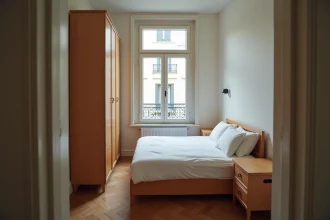 Chambre meublée de petite surface dans un appartement en location à Paris, avec lit simple, parquet et fenêtre sur cour