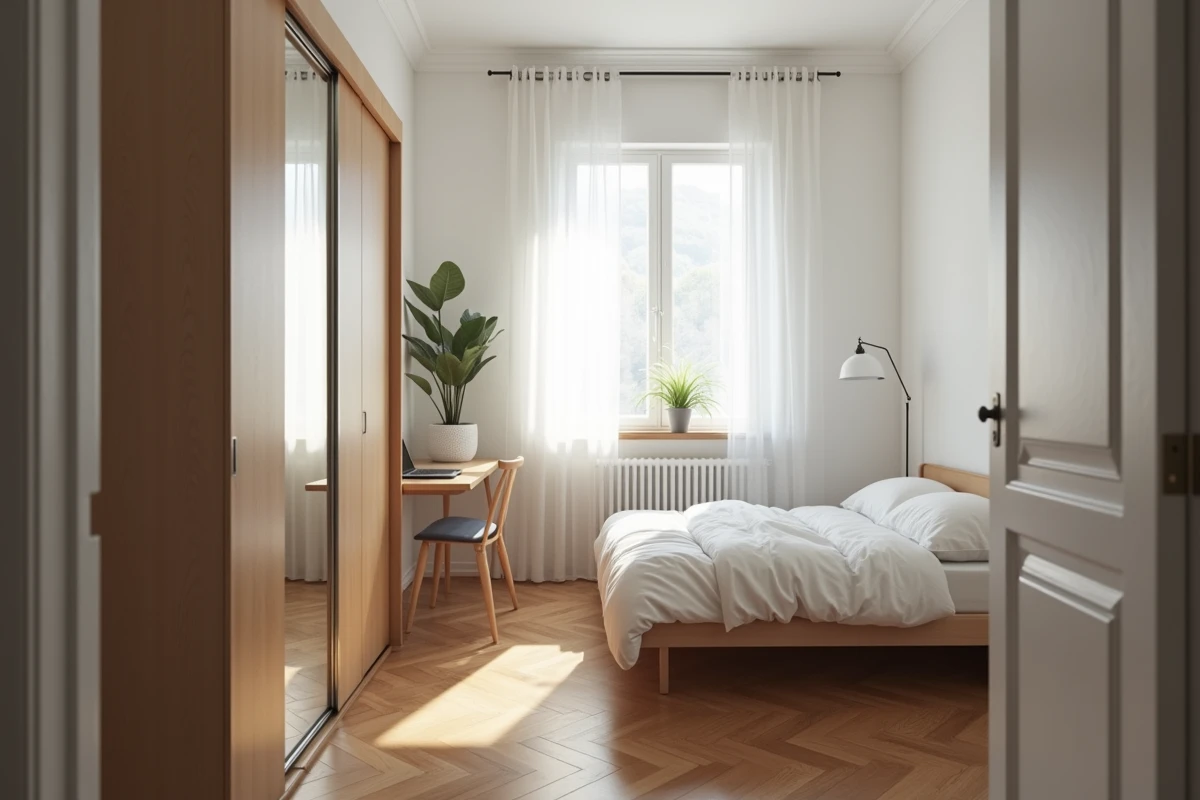 Petite chambre de 9 mètres carrés bien aménagée avec un lit simple, un bureau et une fenêtre illustrant la surface minimum légale