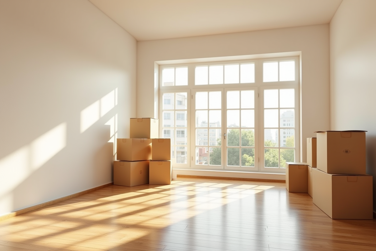 Chambre vide avec lumière naturelle et cartons empiles