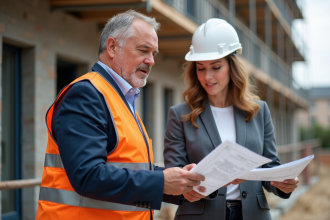 Manager de construction en costume discutant avec architecte