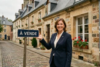 Agent immobilière professionnelle devant une maison en pierre bretonne à Rennes, représentant le classement des meilleures agences immobilières en Ille-et-Vilaine