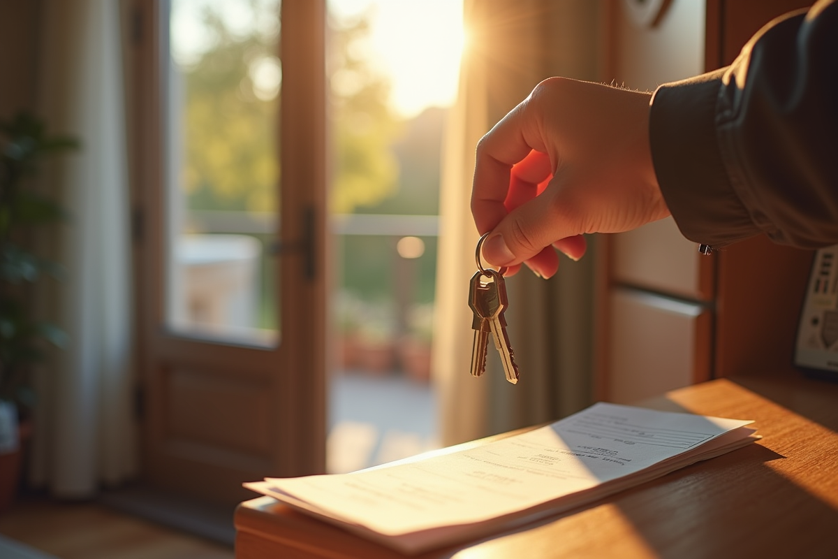 Main tenant une clé devant une porte d Airbnb ensoleillée
