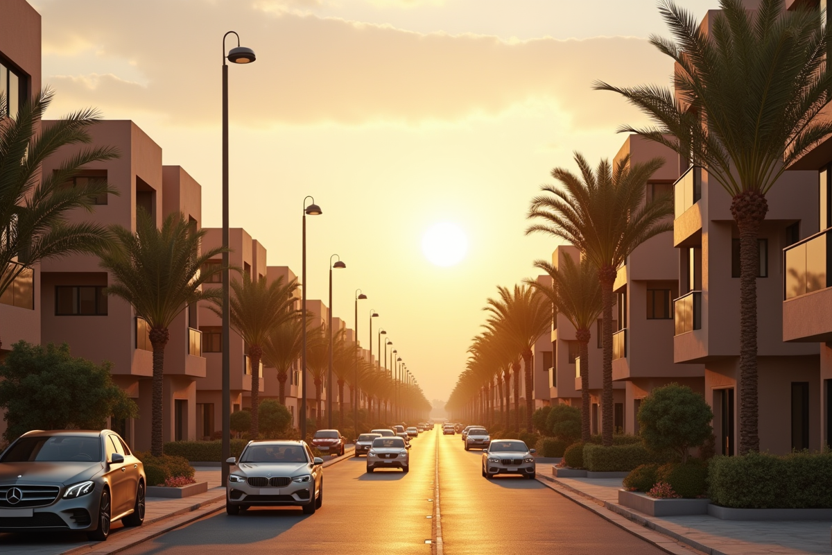 Paysage urbain marocain au coucher du soleil avec immeubles et palmiers