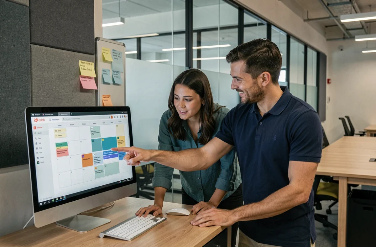 Deux collègues analysant un calendrier de réservations automatisées sur un écran dans un espace de coworking