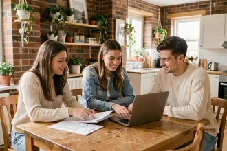 Trois jeunes colocataires en train d'examiner des documents de location autour d'une table dans un appartement partagé chaleureux