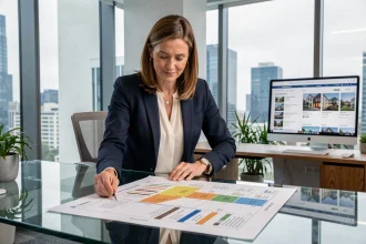 Conseillère immobilière comparant les réseaux immobiliers sur un bureau vitré en agence moderne en 2026