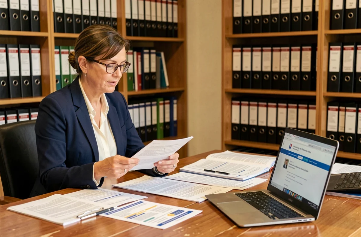 Conseillère fiscale examinant des documents officiels sur la taxe habitation pour un logement vacant en travaux dans un bureau professionnel