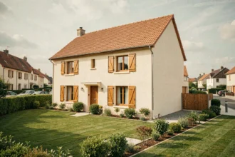 Vue large d'une maison individuelle neuve dans la Marne, quartier pavillonnaire avec pelouse soignée et tuiles traditionnelles