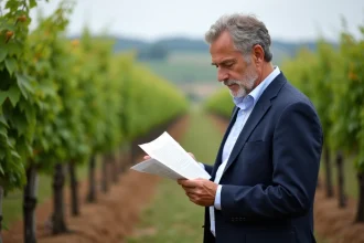Consultant viticole analysant une annonce de vente de vignoble dans les rangs de vigne du Bordelais