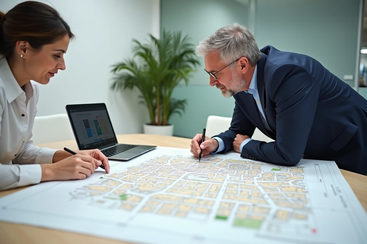 Deux professionnels de l'immobilier consultant un plan cadastral imprimé et le Géoportail pour identifier un propriétaire foncier