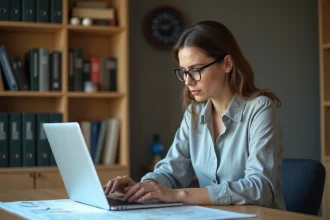 Femme consultant le cadastre en ligne sur un ordinateur portable pour identifier le propriétaire d'une parcelle