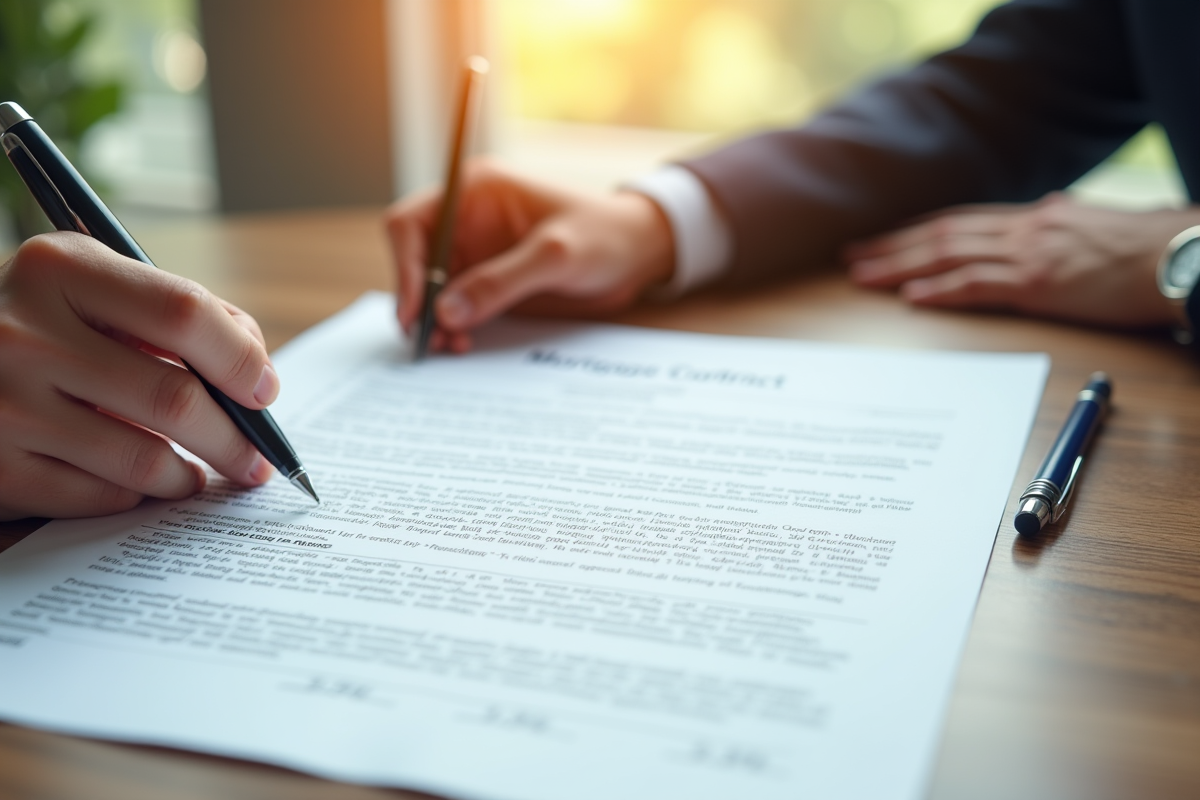 Contrat de hypotheque signé avec stylo sur table ensoleillée