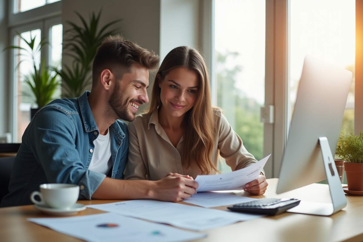 Jeune couple examinant un contrat de location dans un appartement lumineux