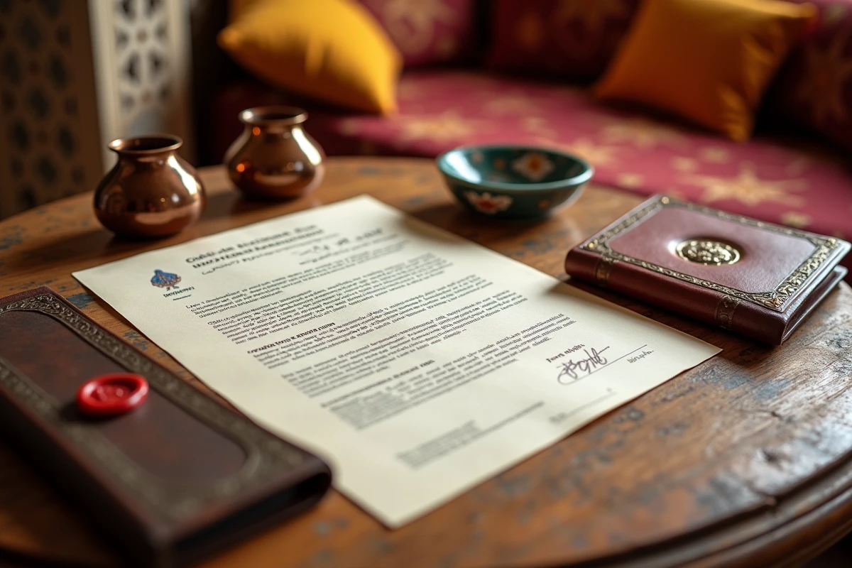 Gros plan d'un contrat de vente immobilière bilingue français-arabe avec sceau officiel sur une table en cèdre dans un riad de Marrakech