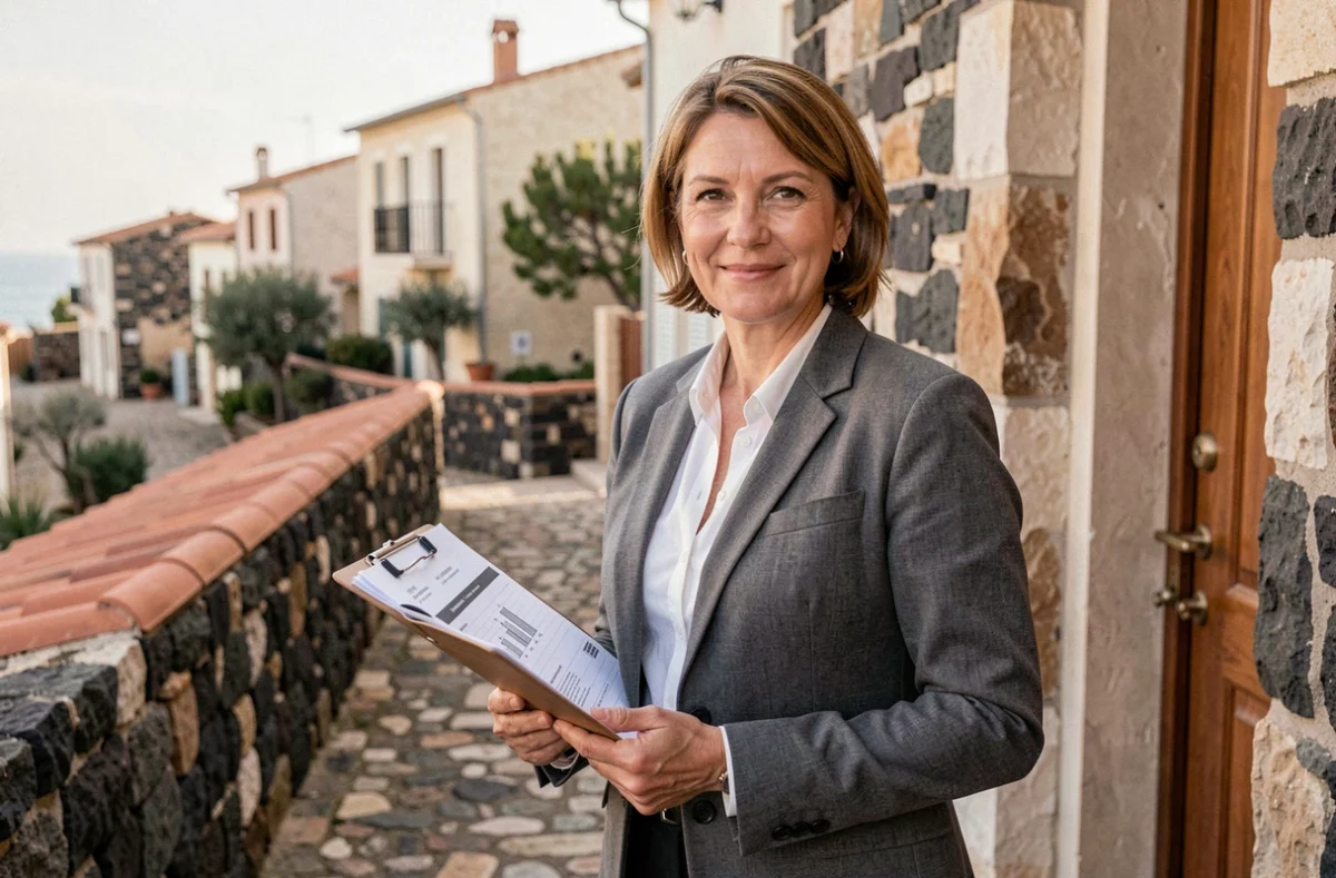 Experte en diagnostic immobilier de Corexma devant une propriété en pierre basaltique typique d'Agde