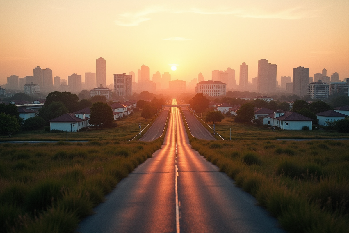 Coucher de soleil sur une banlieue calme avec route et bâtiments modernes