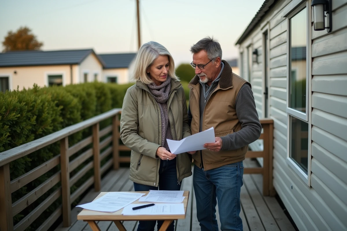 Couple de quadragénaires examinant des documents d'achat devant leur mobil-home dans un camping résidentiel à l'année