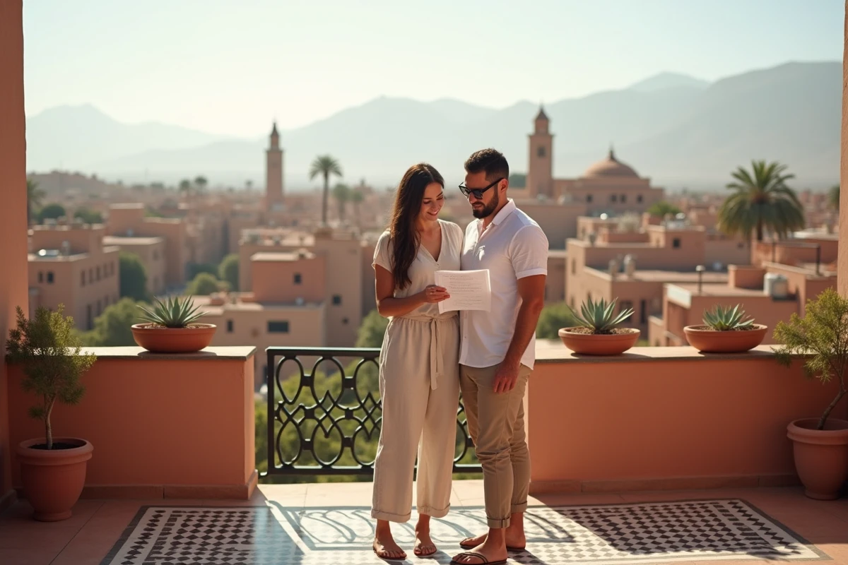 Couple consultant un dossier immobilier sur une terrasse de villa avec vue panoramique sur les toits de Marrakech et l'Atlas