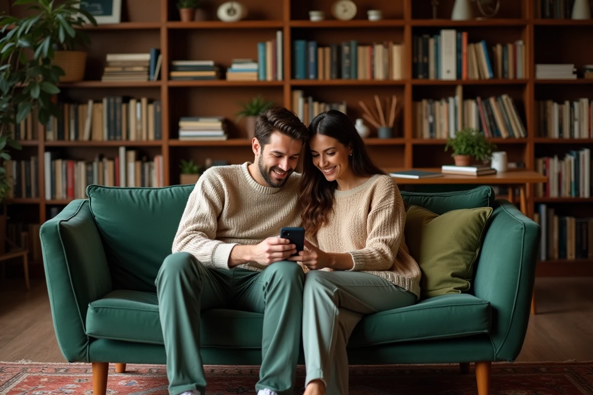 Couple explorant une application d'habitat harmonieux sur smartphone dans une bibliothèque chaleureuse et raffinée