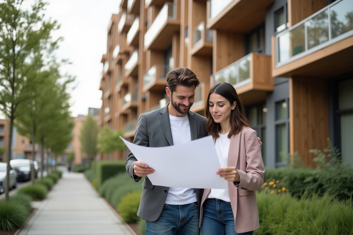 Jeune couple examinant des plans devant un b&acirc;timent &eacute;cologique