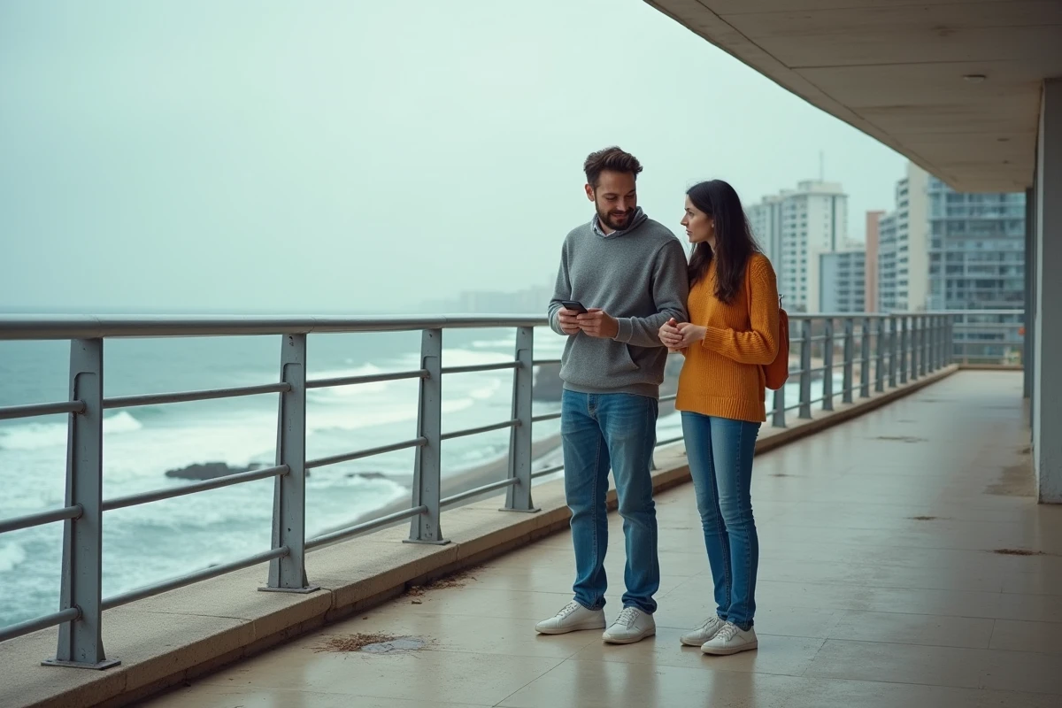Jeune couple sur balcon face &agrave; la mer observant les vagues