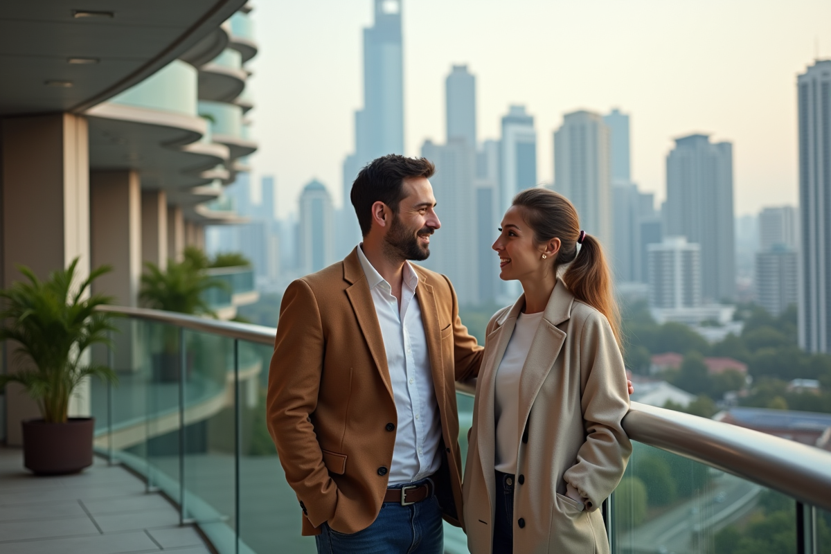 Jeune couple discutant sur un balcon avec vue sur la ville