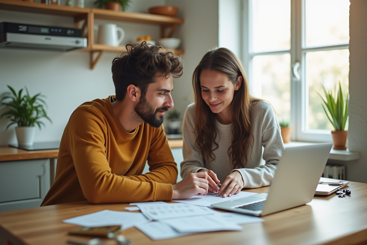 Jeune couple calculant leurs dépenses dans la cuisine