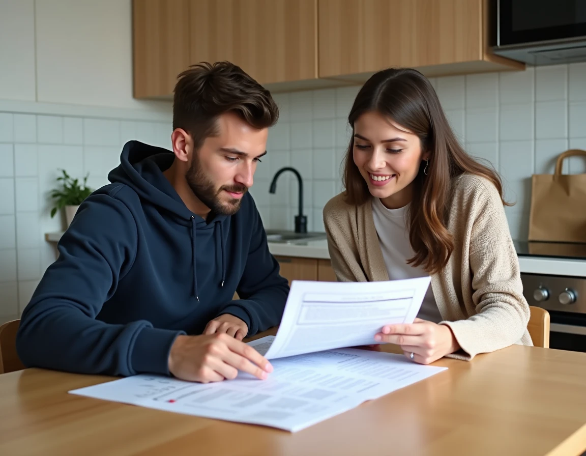 Jeune couple consultant des documents de demande de logement LOC ensemble dans leur cuisine