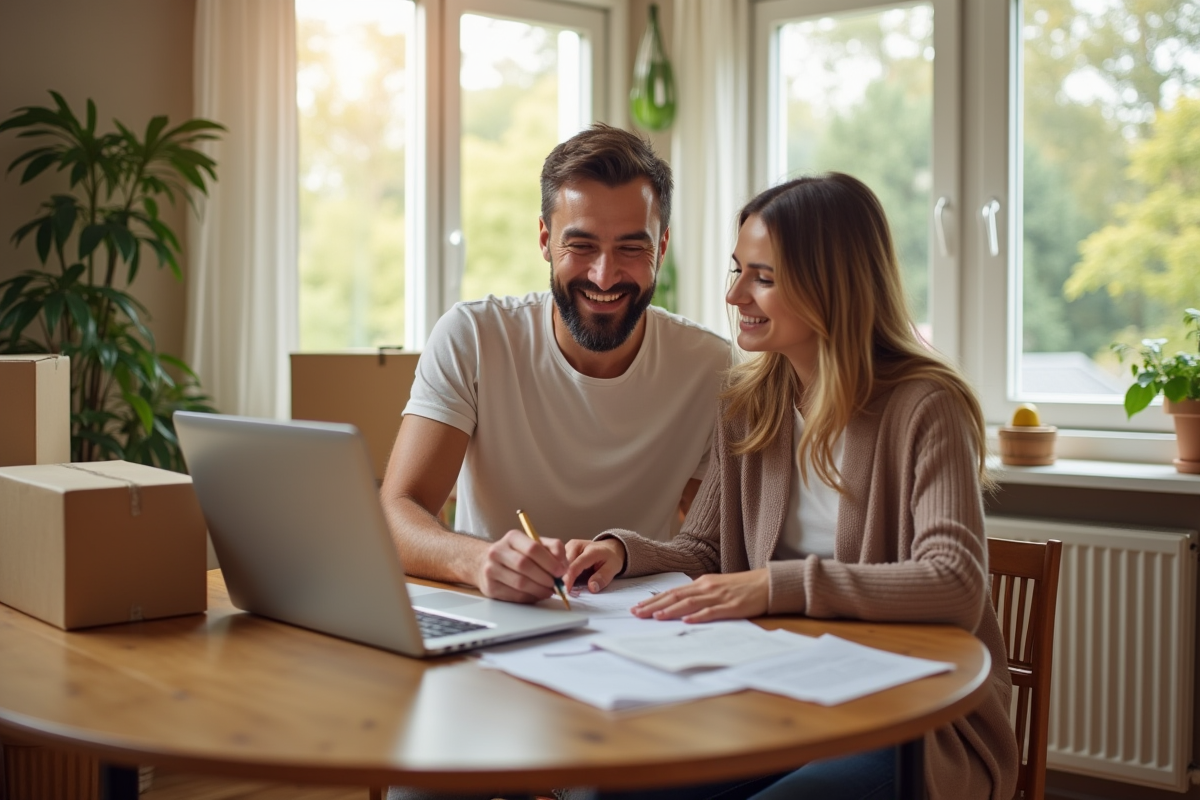 Couple souriant à la maison avec documents immobiliers