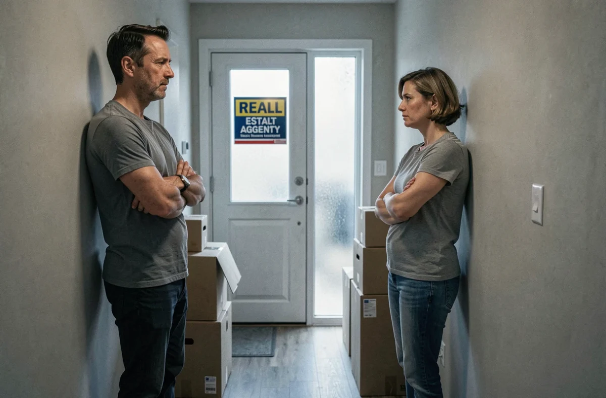 Couple en instance de divorce dans le couloir d'une maison à vendre, avec cartons de déménagement et panneau agence immobilière, symbolisant la séparation et la vente forcée