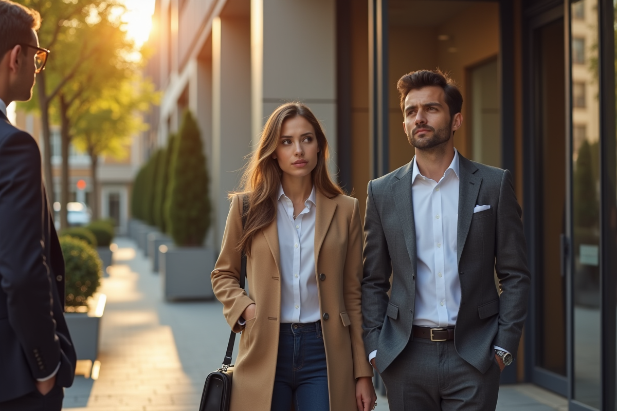 Jeune couple hésitant devant un immeuble haut de gamme