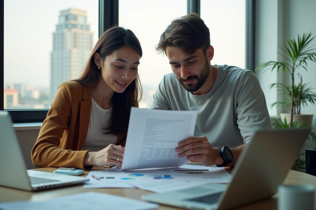 Jeune couple professionnel analysant des documents financiers dans un appartement lumineux