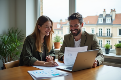 Jeune couple souriant examinant des documents immobiliers dans un appartement moderne