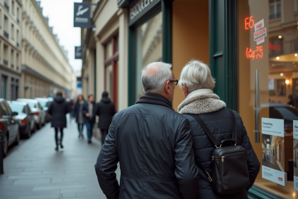 Couple français examine des annonces immobilières dans Paris