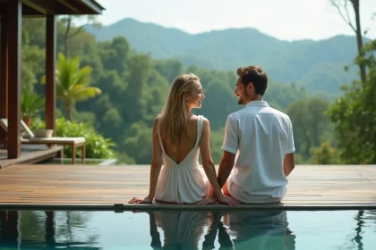 Jeune couple au bord d'une piscine à débordement en Thaïlande