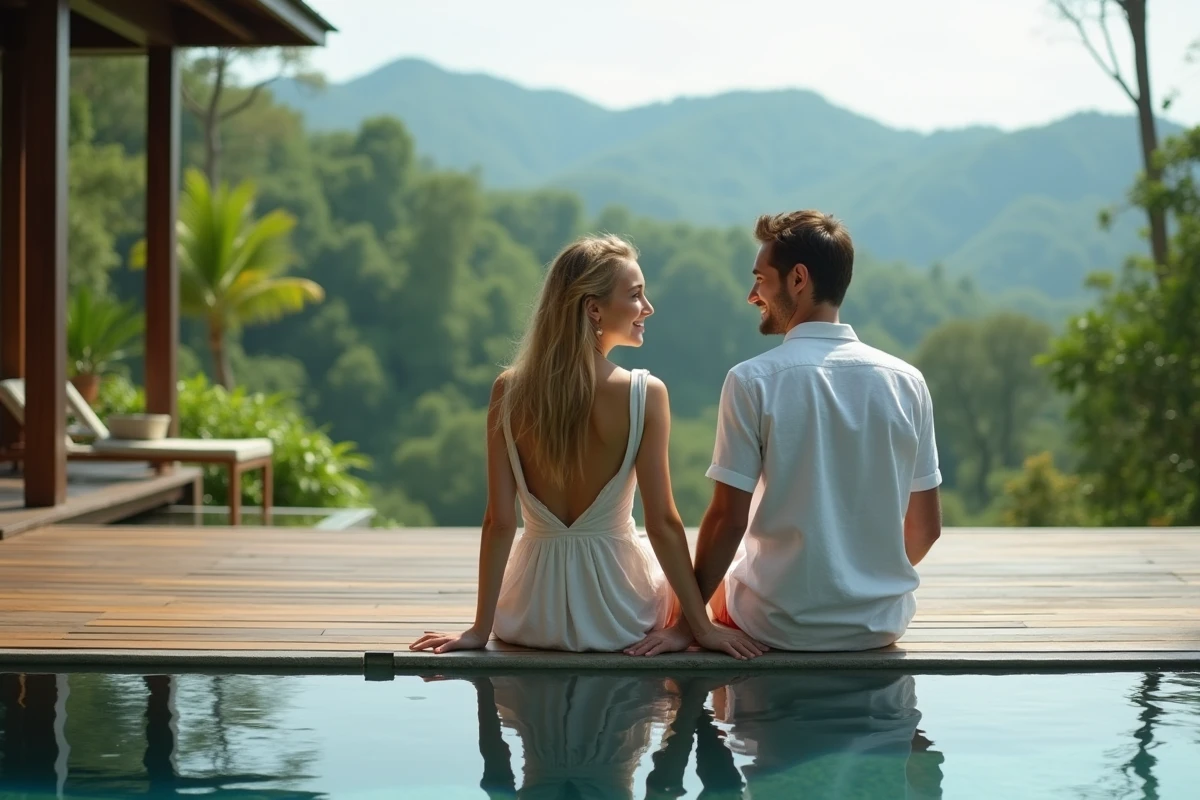 Jeune couple au bord d'une piscine à débordement en Thaïlande