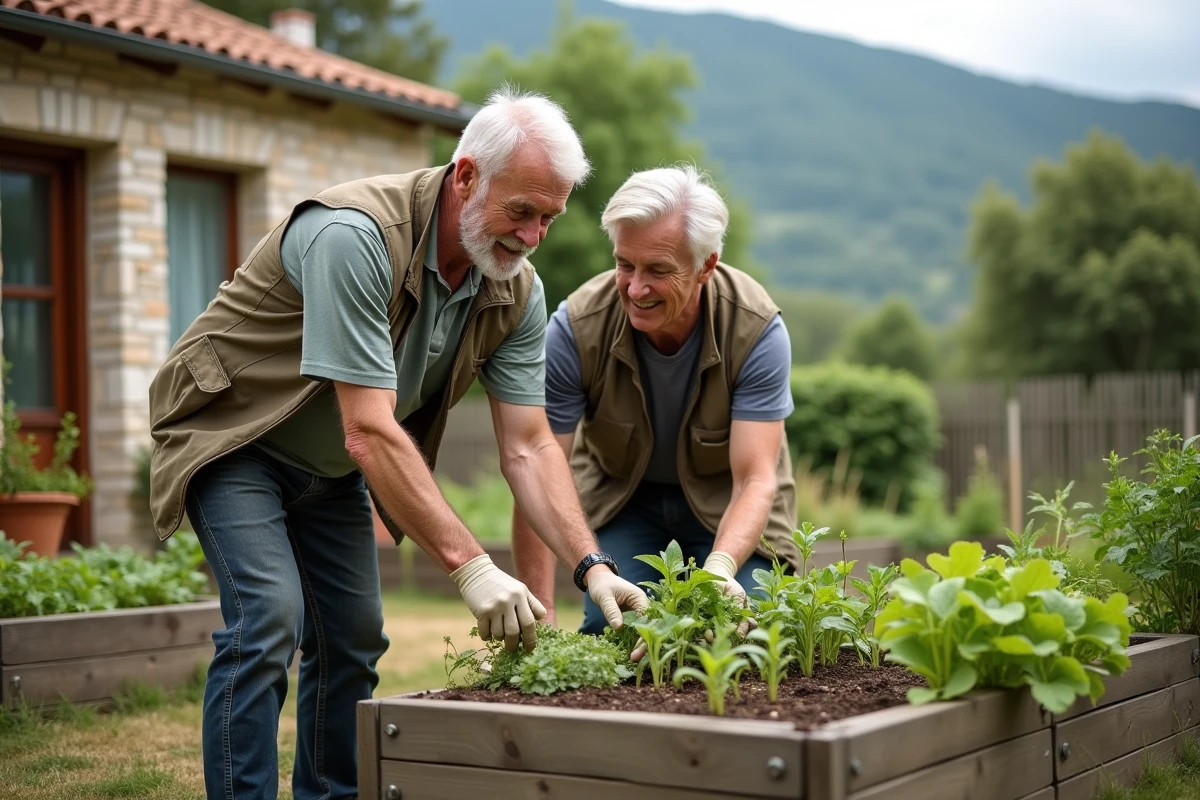 Vieux couple cultivant leur potager dans le jardin