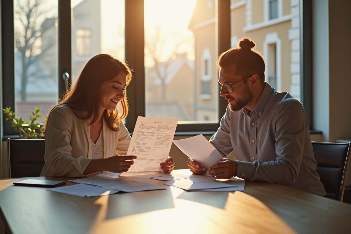 Couple lisant des papiers d investissement immobilier
