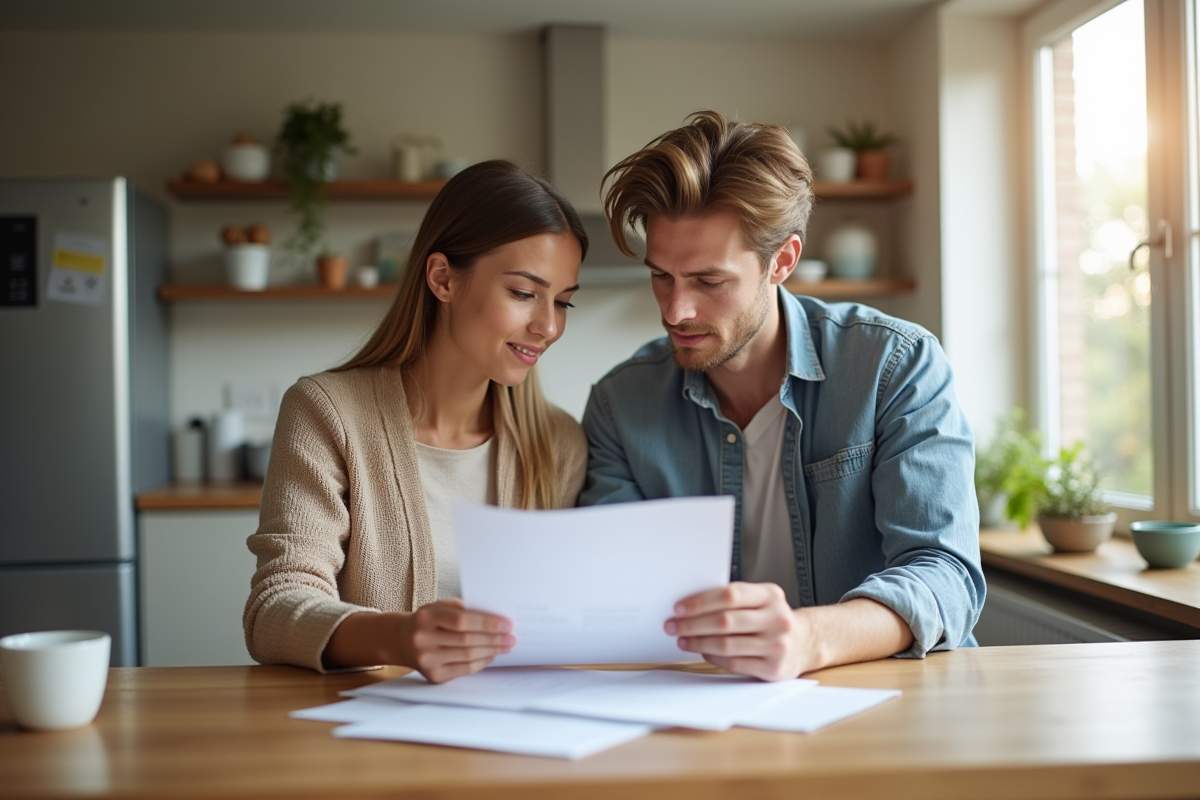 Jeune couple lisant des documents de prêt immobilier à la maison
