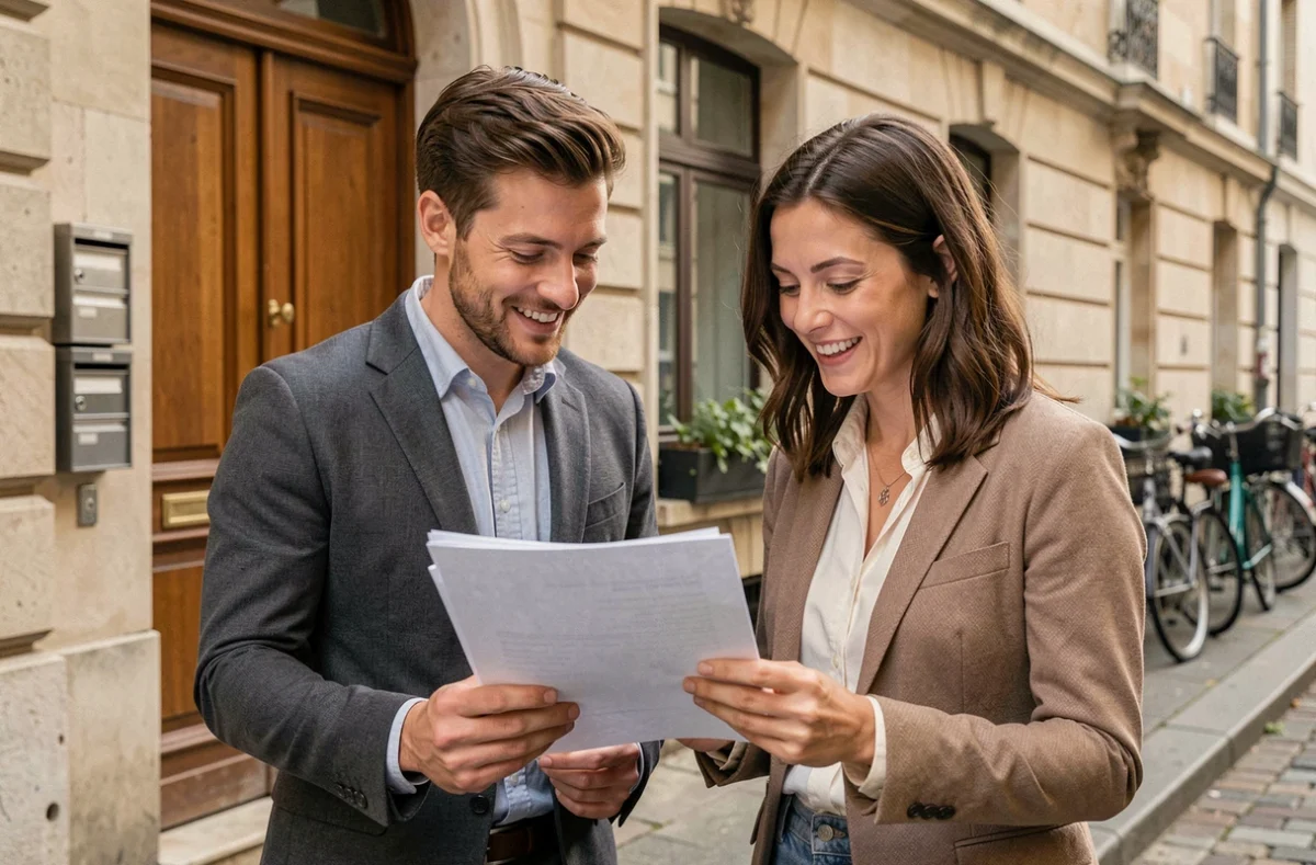 Couple consultant leur lettre de motivation devant un immeuble lors d'une visite d'appartement à louer