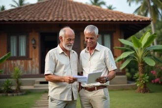 Couple occidental devant une maison traditionnelle thaïlandaise en bois à vendre dans un quartier résidentiel abordable en Thaïlande