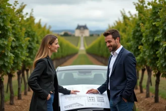 Couple de néovignerons étudiant les plans de leur vignoble bordelais clé en main au milieu des rangs de vigne en automne