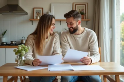 Jeune couple souriant organise des documents de location