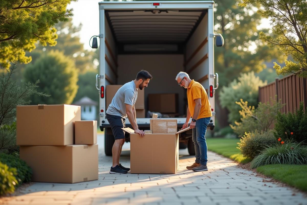 Couple organisant meubles et cartons devant un camion de déménagement