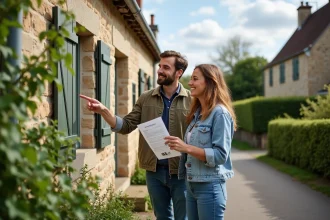 Couple devant une petite maison avec jardin à louer entre ville et campagne