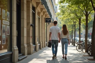 Couple se promenant devant une agence immobilière dans une rue haussmannienne d'une ville d'Île-de-France