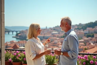 Couple de retraités français sur un balcon avec vue sur les toits de Porto et le fleuve Douro au Portugal