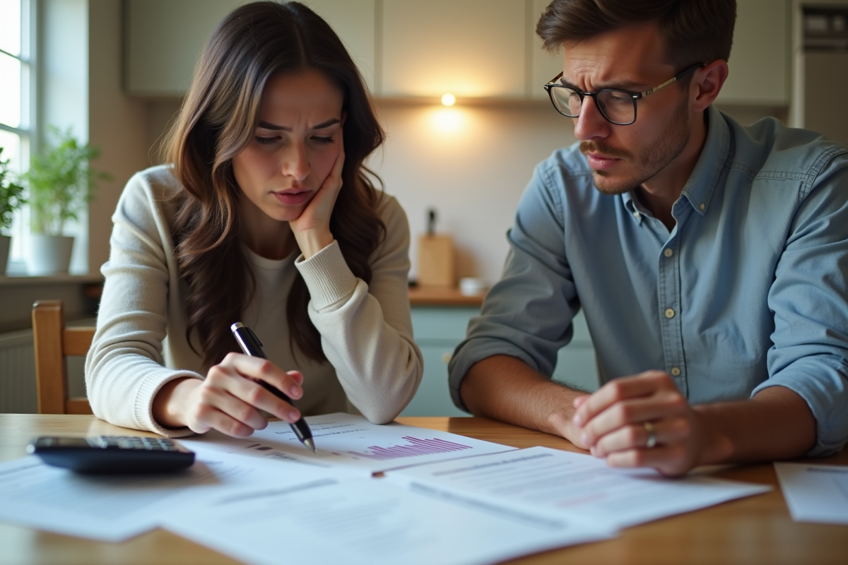 Couple inquiet avec documents de credit immobilier
